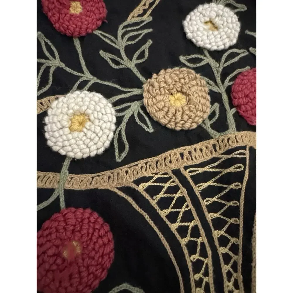 Vintage Crewel Embroidery Pillow Cover Basket Flowers Raised Wool Folk Art